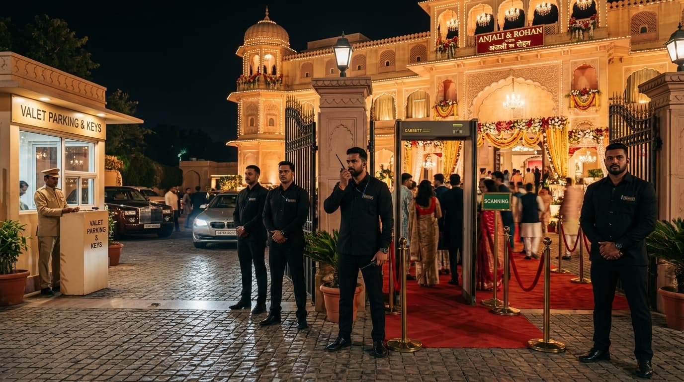 Indian Wedding Event Security Bouncers in Black Suits and Valet Parking Booth
