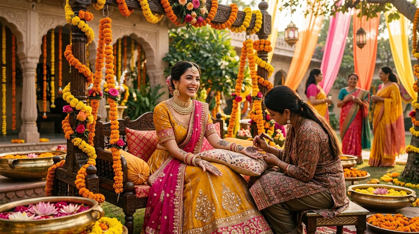 Indian Bridal Intricate Portrait Mehndi Henna and Organic Cones Setup