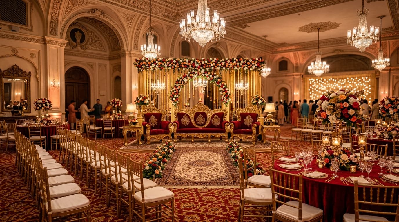 Indian Luxury Wedding VIP Maharaja Carved Sofas and Golden Chiavari Chairs